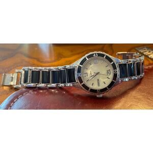 Woman's Bongo Watch, Black Enamel and Silver Tone Band, MOP Face